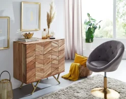 Massivholz Schubladenkommode 90cm Akazie Natur Kommode mit 3 Schubladen Sideboard Metall gold