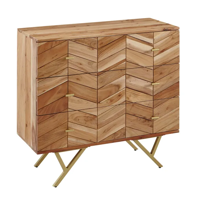 Massivholz Schubladenkommode 90cm Akazie Natur Kommode mit 3 Schubladen Sideboard Metall gold