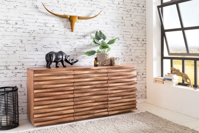 Massivholz Sideboard 160 Akazie Natur Kommode mit 2 Türen & 3 Schubladen Design Front