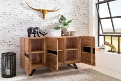 Massivholz Sideboard 150cm Akazie Natur Kommode mit 3 Türen Baumkante Metall schwarz