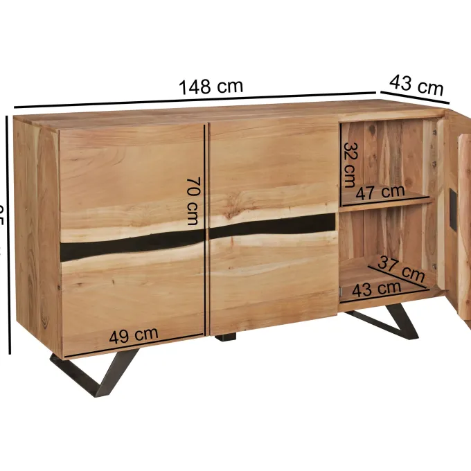 Massivholz Sideboard 150cm Akazie Natur Kommode mit 3 Türen Baumkante Metall schwarz