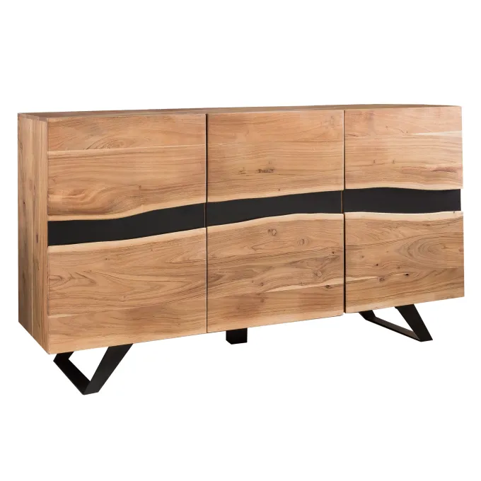 Massivholz Sideboard 150cm Akazie Natur Kommode mit 3 Türen Baumkante Metall schwarz