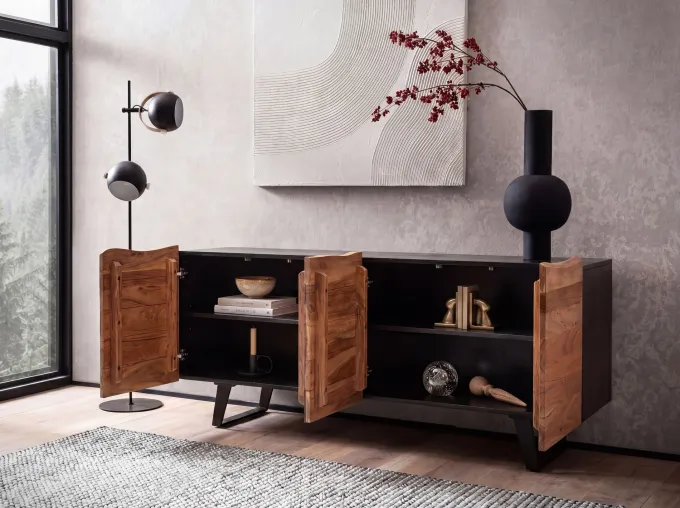 Massivholz Sideboard 180cm Akazie Kommode mit 4 Türen Baumkante Industrial Design Metall Schwarz