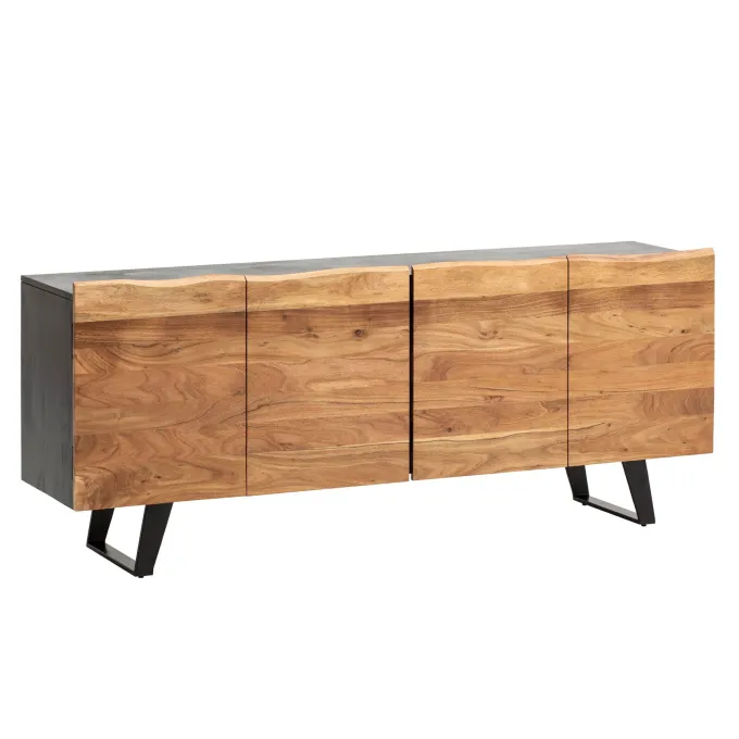 Massivholz Sideboard 180cm Akazie Kommode mit 4 Türen Baumkante Industrial Design Metall Schwarz