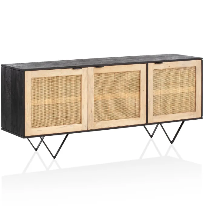 Massivholz Sideboard 175cm Mango Design Kommode mit 3 Rattan Wiener Geflecht Türen Schwarz