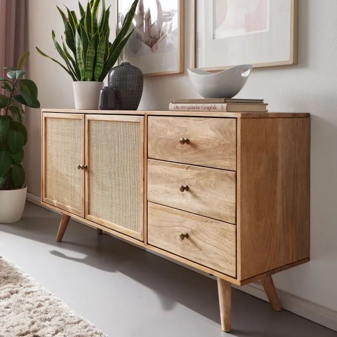 Massivholz Sideboard 140cm Mango Design Kommode mit 3 Rattan Schubladen Wiener Geflecht & 2 Türen