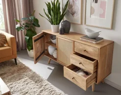 Massivholz Sideboard 140cm Mango Design Kommode mit 3 Rattan Schubladen Wiener Geflecht & 2 Türen