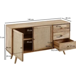 Massivholz Sideboard 140cm Mango Design Kommode mit 3 Rattan Schubladen Wiener Geflecht & 2 Türen