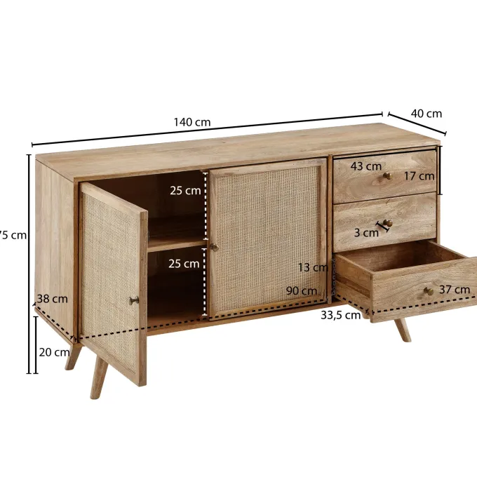 Massivholz Sideboard 140cm Mango Design Kommode mit 3 Rattan Schubladen Wiener Geflecht & 2 Türen