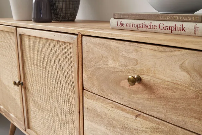 Massivholz Sideboard 140cm Mango Design Kommode mit 3 Rattan Schubladen Wiener Geflecht & 2 Türen