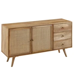 Massivholz Sideboard 140cm Mango Design Kommode mit 3 Rattan Schubladen Wiener Geflecht & 2 Türen