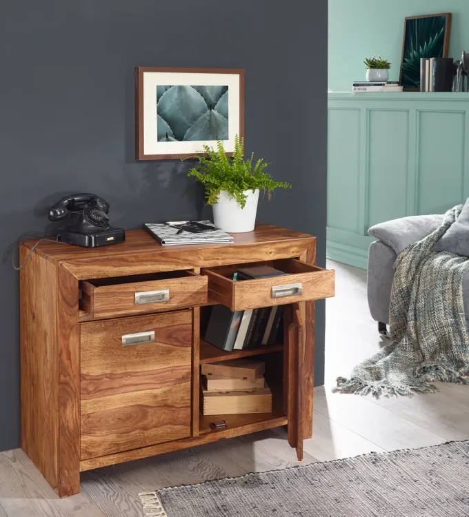 Massivholz Sideboard 90cm Sheesham Kommode mit 2 Türen & 2 Schubladen Landhaus Style