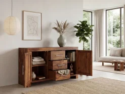 Massivholz Sideboard 120cm Sheesham Kommode mit 2 Türen & 3 Schubladen Modernes Design
