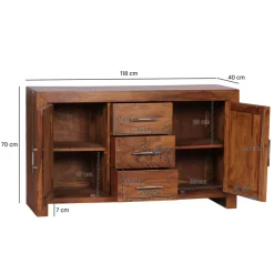 Massivholz Sideboard 120cm Sheesham Kommode mit 2 Türen & 3 Schubladen Modernes Design