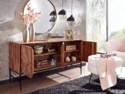 Massivholz Sideboard 120cm Sheesham Natur Design Kommode mit 3 Türen Metall schwarz