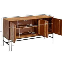 Massivholz Sideboard 120cm Sheesham Natur Design Kommode mit 3 Türen Metall schwarz