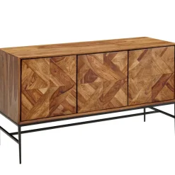 Massivholz Sideboard 120cm Sheesham Natur Design Kommode mit 3 Türen Metall schwarz