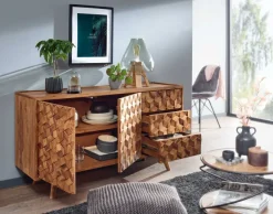Massivholz Sideboard 140cm Sheesham Natur Kommode mit 2 Türen & 3 Schubladen Retro Design
