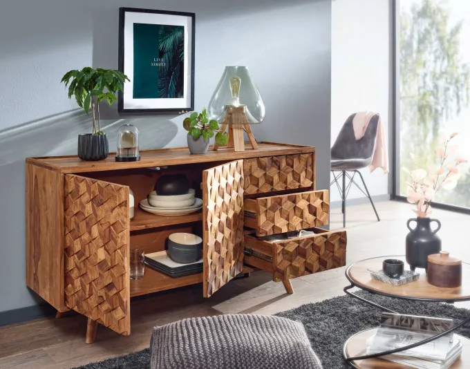 Massivholz Sideboard 140cm Sheesham Natur Kommode mit 2 Türen & 3 Schubladen Retro Design