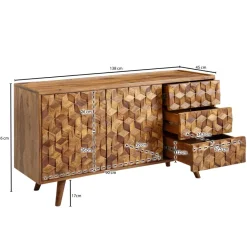 Massivholz Sideboard 140cm Sheesham Natur Kommode mit 2 Türen & 3 Schubladen Retro Design