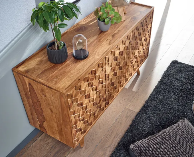 Massivholz Sideboard 140cm Sheesham Natur Kommode mit 2 Türen & 3 Schubladen Retro Design
