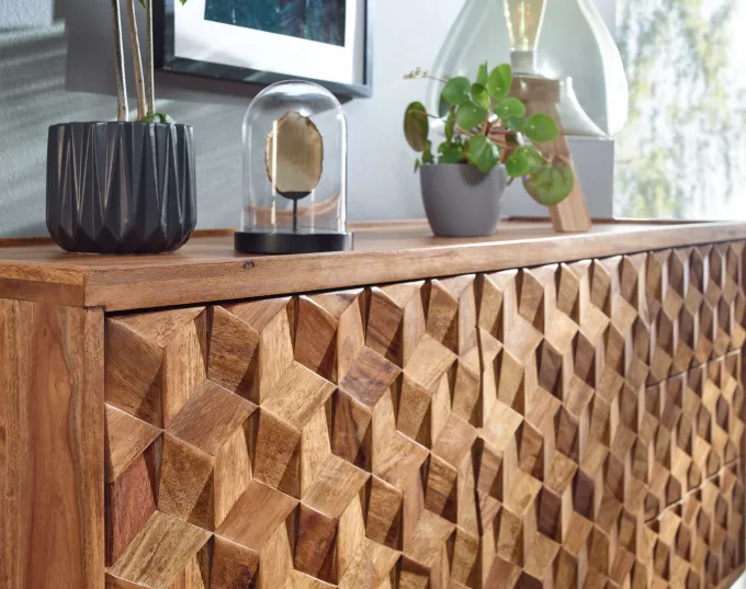 Massivholz Sideboard 140cm Sheesham Natur Kommode mit 2 Türen & 3 Schubladen Retro Design