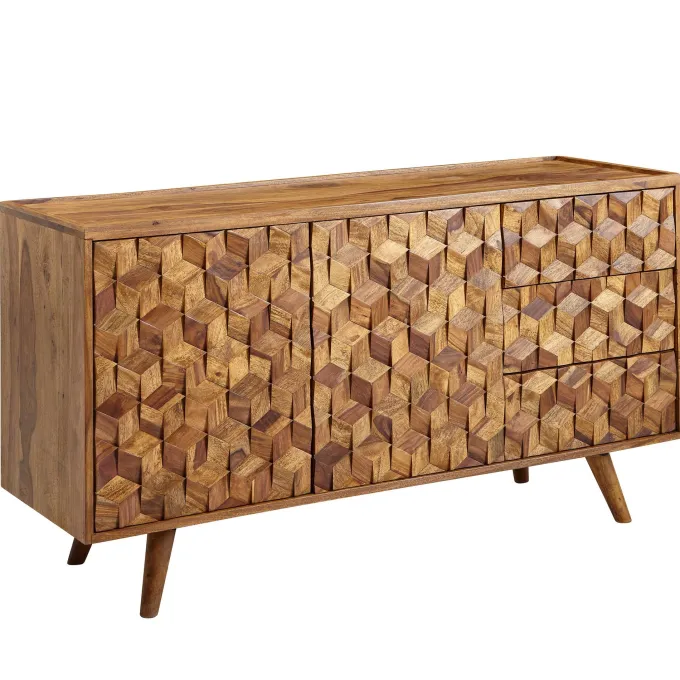 Massivholz Sideboard 140cm Sheesham Natur Kommode mit 2 Türen & 3 Schubladen Retro Design