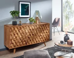 Massivholz Sideboard 140cm Sheesham Natur Kommode mit 2 Türen & 3 Schubladen Retro Design