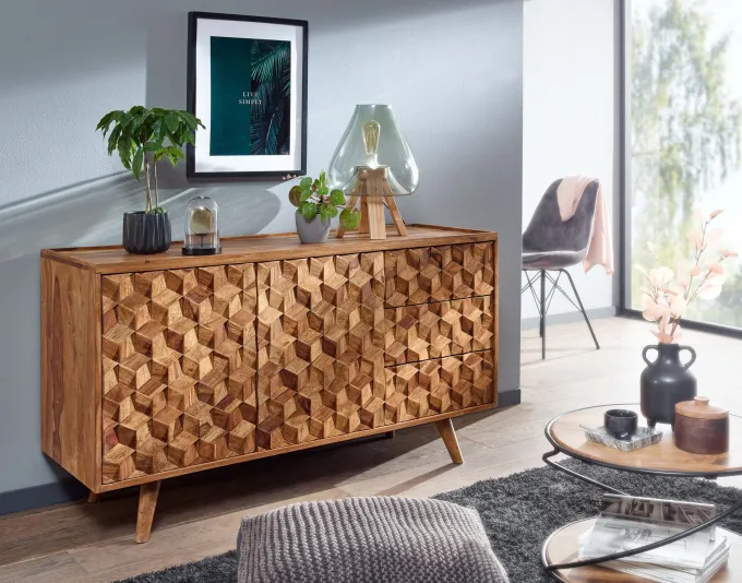 Massivholz Sideboard 140cm Sheesham Natur Kommode mit 2 Türen & 3 Schubladen Retro Design