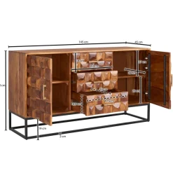Massivholz Sideboard 145cm Sheesham Kommode mit 2 Türen & 3 Schubladen Retro 3D Design