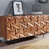 Massivholz Sideboard 145cm Sheesham Kommode mit 3 Türen Retro 3D Design Metall schwarz