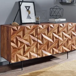 Massivholz Sideboard 145cm Sheesham Kommode mit 3 Türen Retro 3D Design Metall schwarz