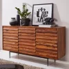 Massivholz Sideboard 150cm Sheesham Kommode mit 3 Türen 3D Design Metall schwarz