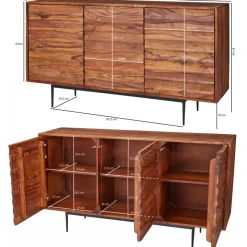 Massivholz Sideboard 150cm Sheesham Kommode mit 3 Türen 3D Design Metall schwarz