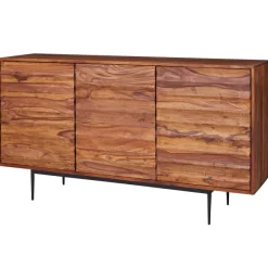 Massivholz Sideboard 150cm Sheesham Kommode mit 3 Türen 3D Design Metall schwarz
