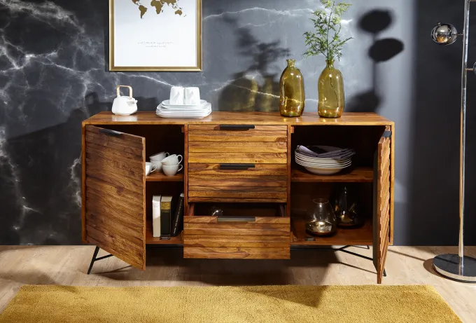 Massivholz Sideboard 160cm Sheesham Kommode mit 2 Türen & 3 Schubladen Industrial Design Metall schwarz