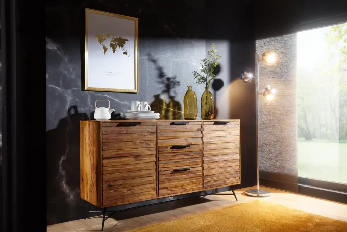 Massivholz Sideboard 160cm Sheesham Kommode mit 2 Türen & 3 Schubladen Industrial Design Metall schwarz