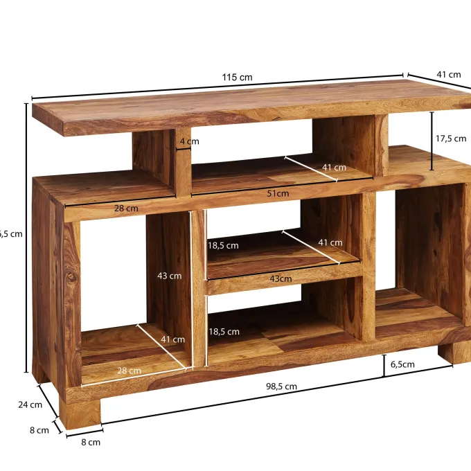 Massivholz Sideboard 115cm Sheesham Natur Kommode mit viel Ablage Fernsehkommode TV Schrank für Fernseher