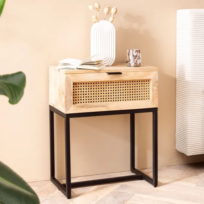 Nachtkonsole Massivholz Rattan Nachttisch Schublade Nachtkästchen Boxspringbett