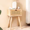 Nachtkonsole Massivholz Rattan & Schublade Nachttisch Boho Design Nachtkästchen
