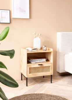 Nachtkonsole Massivholz Rattan Nachttisch Schublade Ablage Nachtkästchen BOHO