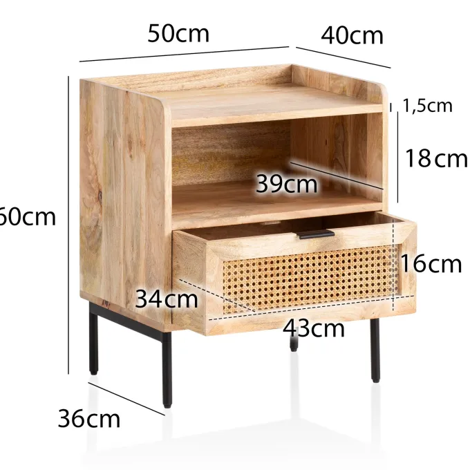 Nachtkonsole Massivholz Rattan Nachttisch Schublade Ablage Nachtkästchen BOHO