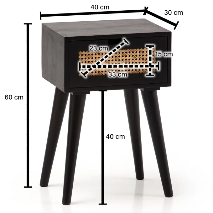 Nachtkonsole Massivholz Schwarz Rattan Schublade Nachttisch Nachtkästchen Boho