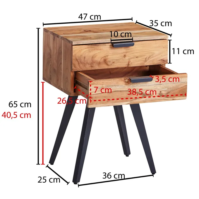 Nachtkästchen Akazie Massivholz Nachttisch 2 Schubladen Nachtkommode Industrial