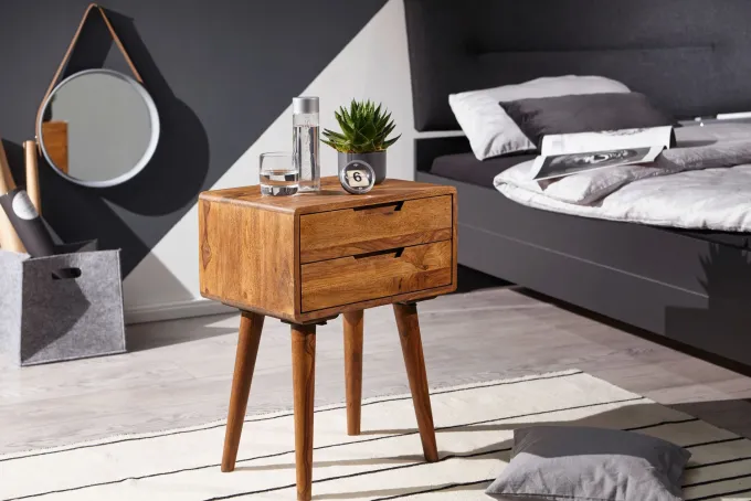 Nachttisch Sheesham Massivholz 2 Schubladen Nachtkästchen Nachtkonsole Retro