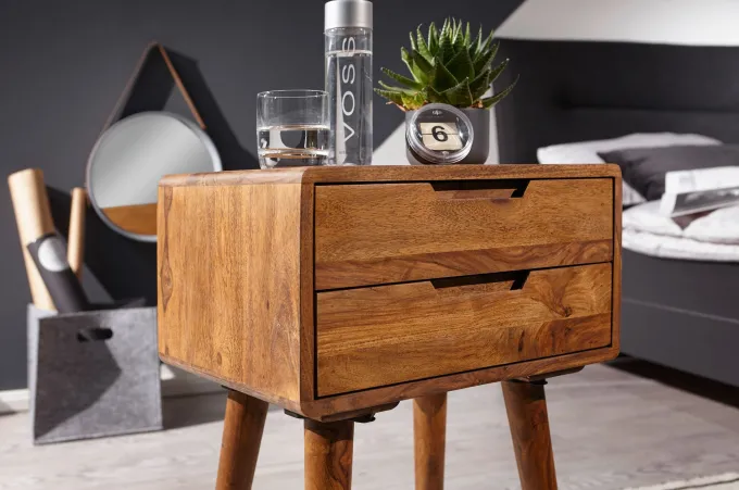Nachttisch Sheesham Massivholz 2 Schubladen Nachtkästchen Nachtkonsole Retro
