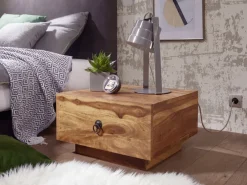 Nachttisch Sheesham Massivholz niedrig Nachtkästchen mit Schublade Nachtkonsole
