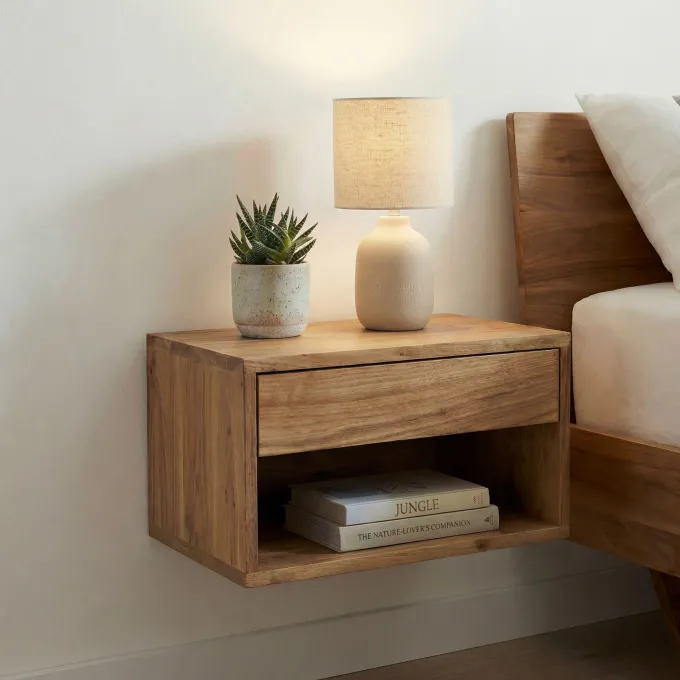Nachttisch 50x35cm Massivholz Nachtkonsole Hängend mit Schublade schwebend