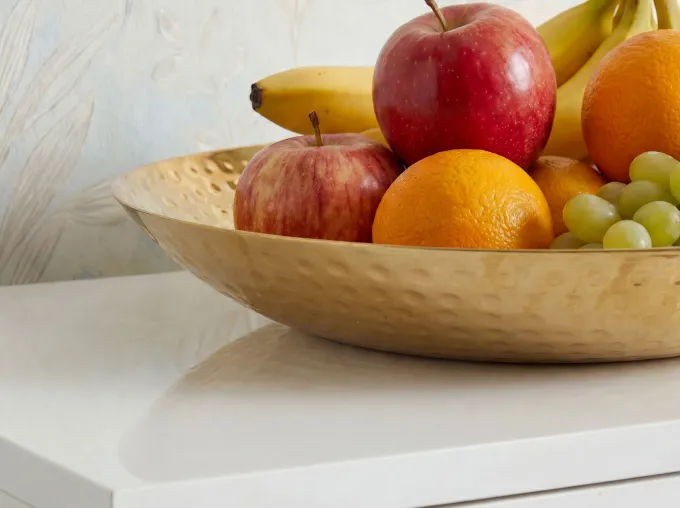 Obstschale Früchteschale Aluminium Gold Schale Rund Hammerschlag Metall Obstkorb
