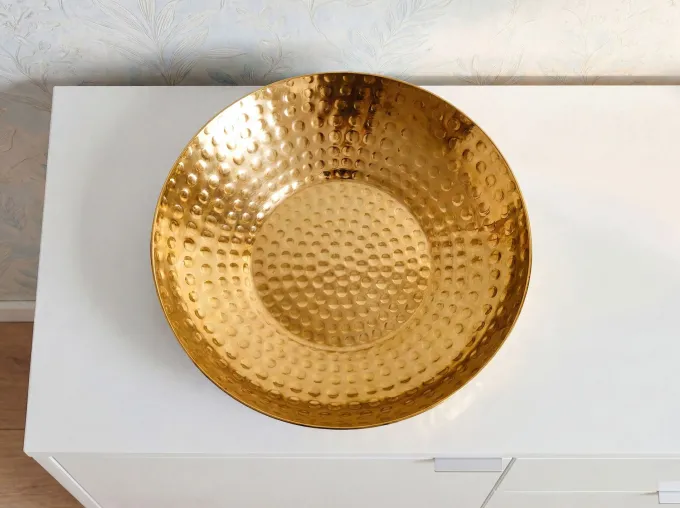 Obstschale Früchteschale Aluminium Gold Schale Rund Hammerschlag Metall Obstkorb